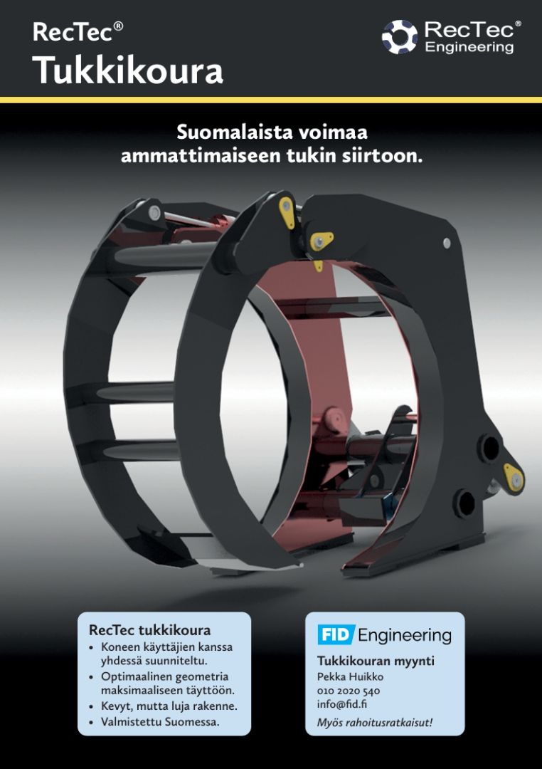 RecTec tukkikoura: Koneen käyttäjien kanssa yhdessä suunniteltu. Optimaalinen geometria maksimaaliseen täyttöön. Kevyt, mutta luja rakenne. Valmistettu Suomessa.