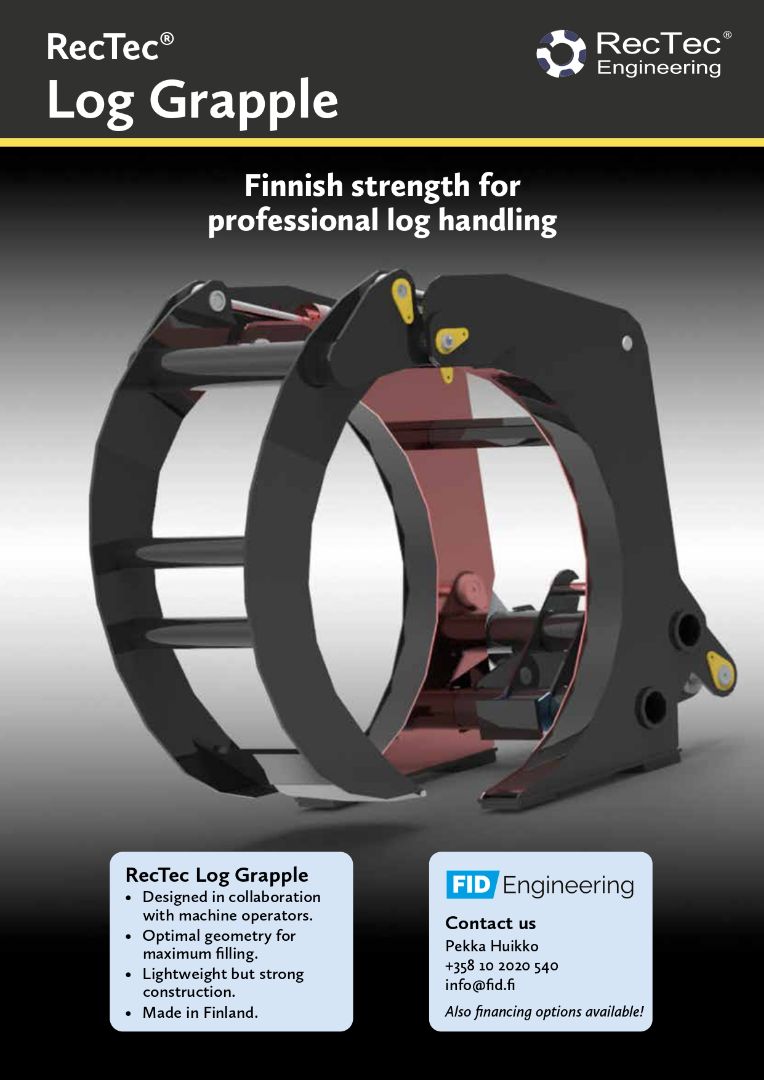 Finnish strength for professional log handling. RecTec Log Grapple Designed in collaboration with machine operators. Optimal geometry for maximum filling. Lightweight but strong construction. Made in Finland. Also financing options available! 